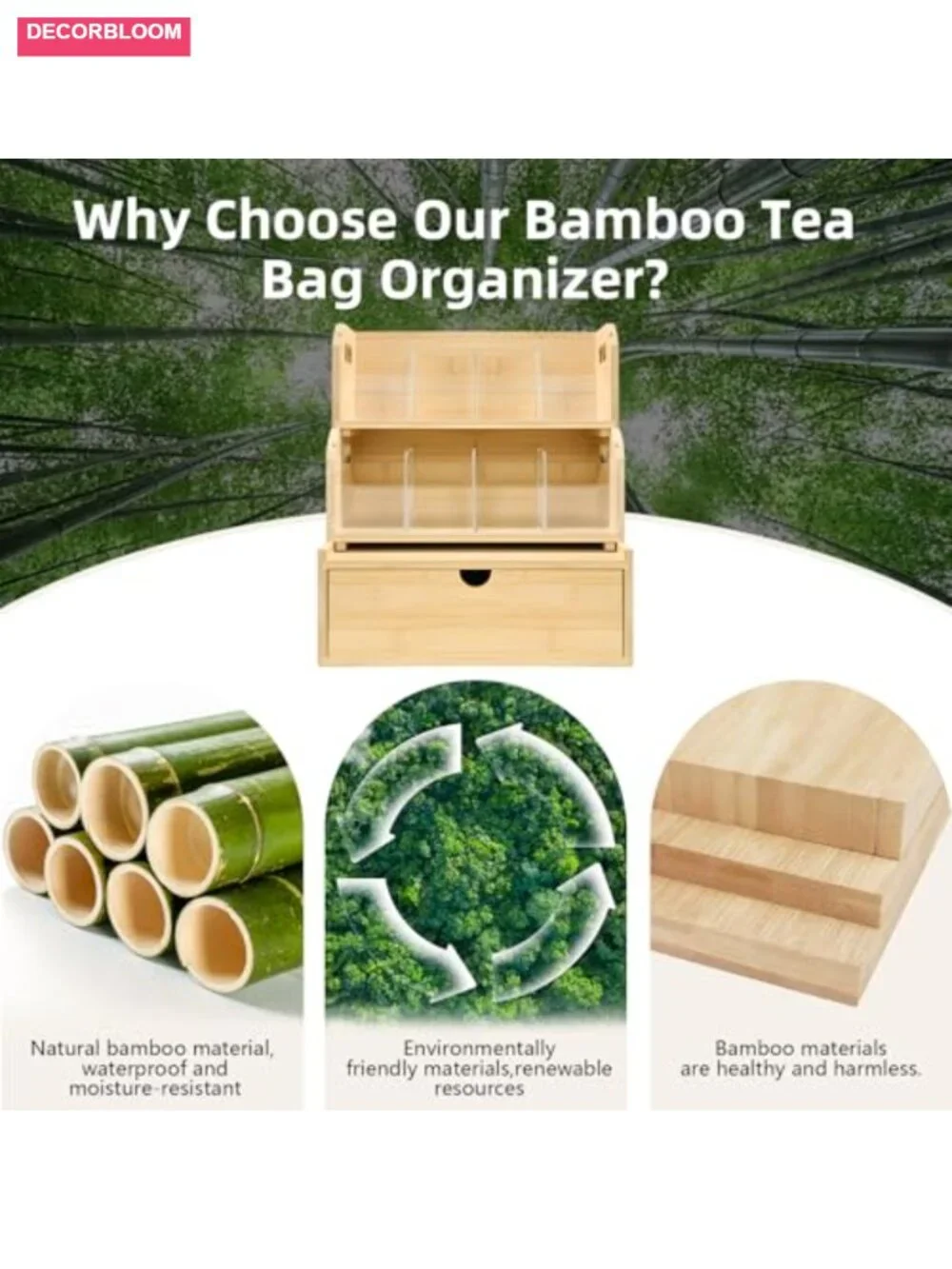 3-Layer Stackable Bamboo Tea Bag Organizer with Drawer, No-Tool Assembly